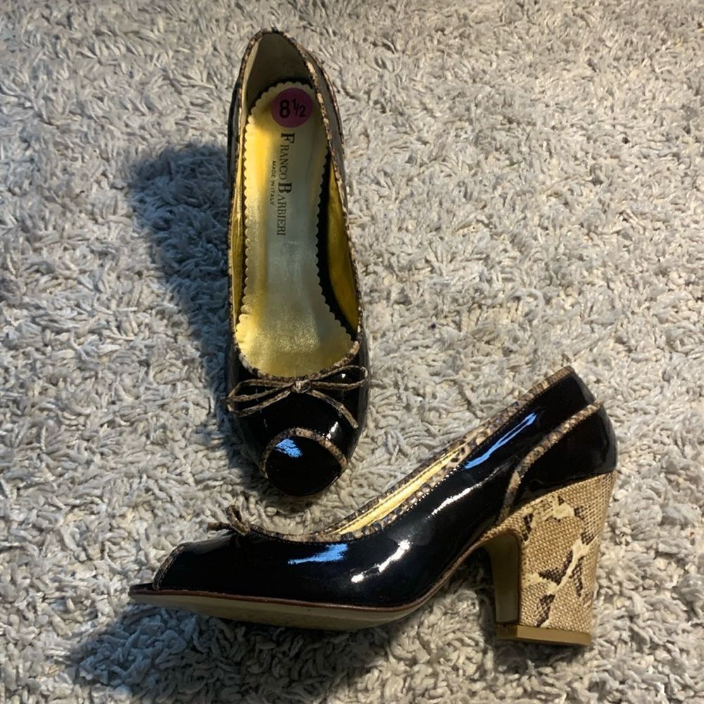Franco Barbieri GUC black/ snakeskin print peep toe heels Size 8.5